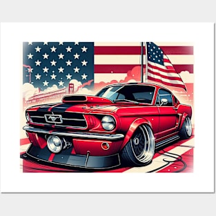 Ford Mustang and The American Flag by Gas Autos Posters and Art